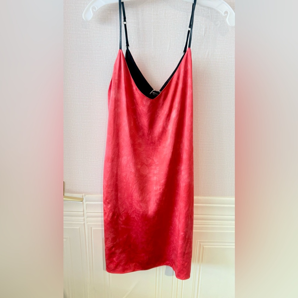 AMIRI Coral and Black Satin Slip Dress w/ LEATHER Straps